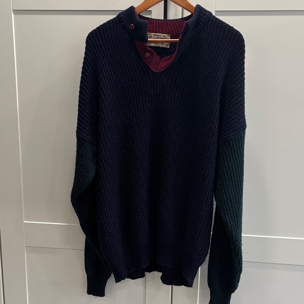 Vintage London Fog Men's Navy V-Neck Sweater with Green Sleeves and Maroon Trim
